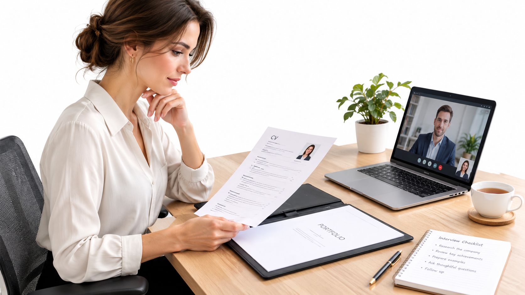 How to Secure UHNW Governess Roles in Britain in 2026: The Complete Guide for Luxury Private Households | Superstar Nannies A professional woman reviewing a CV while interviewing a male candidate during a virtual video call.