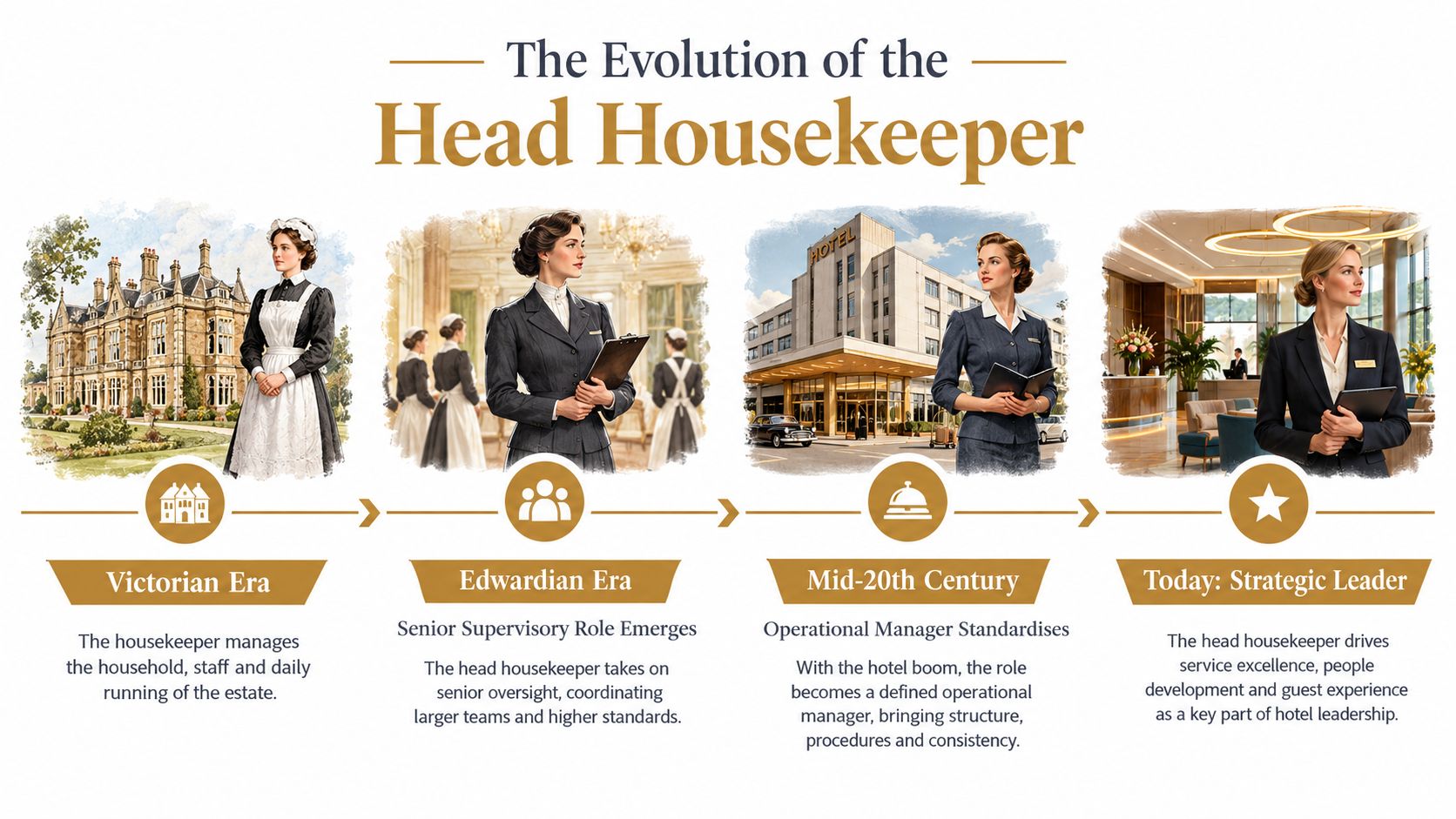 Head House Keeper: Role, Duties, and Hiring Guide | Superstar Nannies An infographic illustrating the historical evolution of the head housekeeper role from the Victorian era to today.