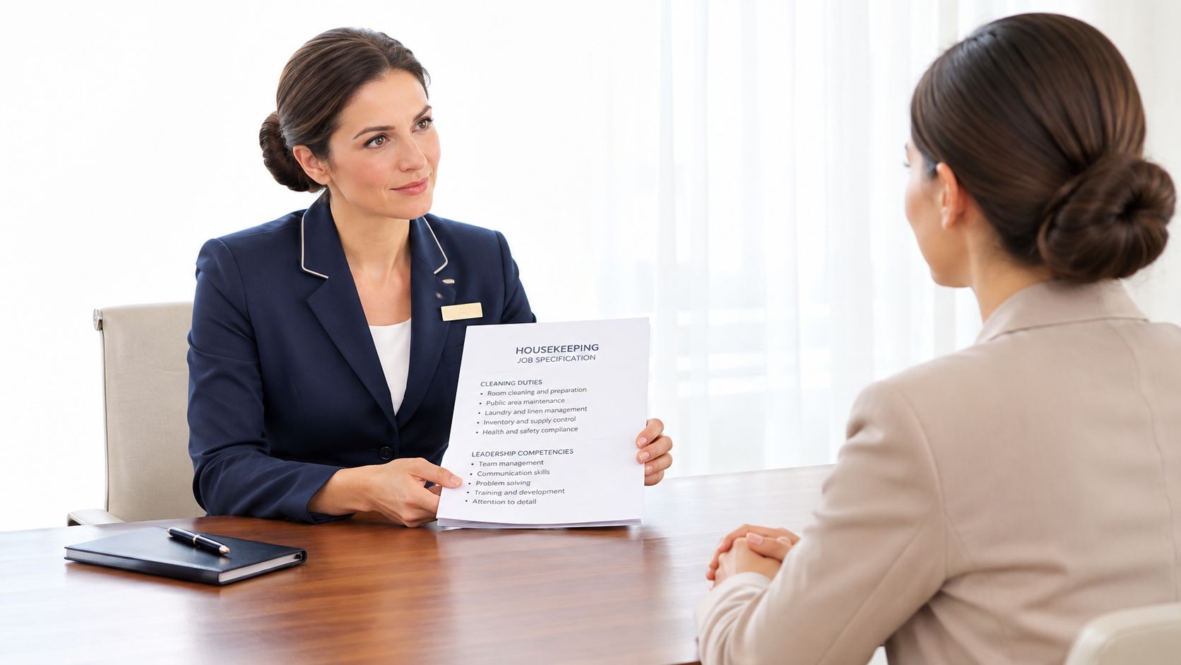 Head House Keeper: Role, Duties, and Hiring Guide | Superstar Nannies A professional manager in a dark suit presents a job specification document to a female job applicant.