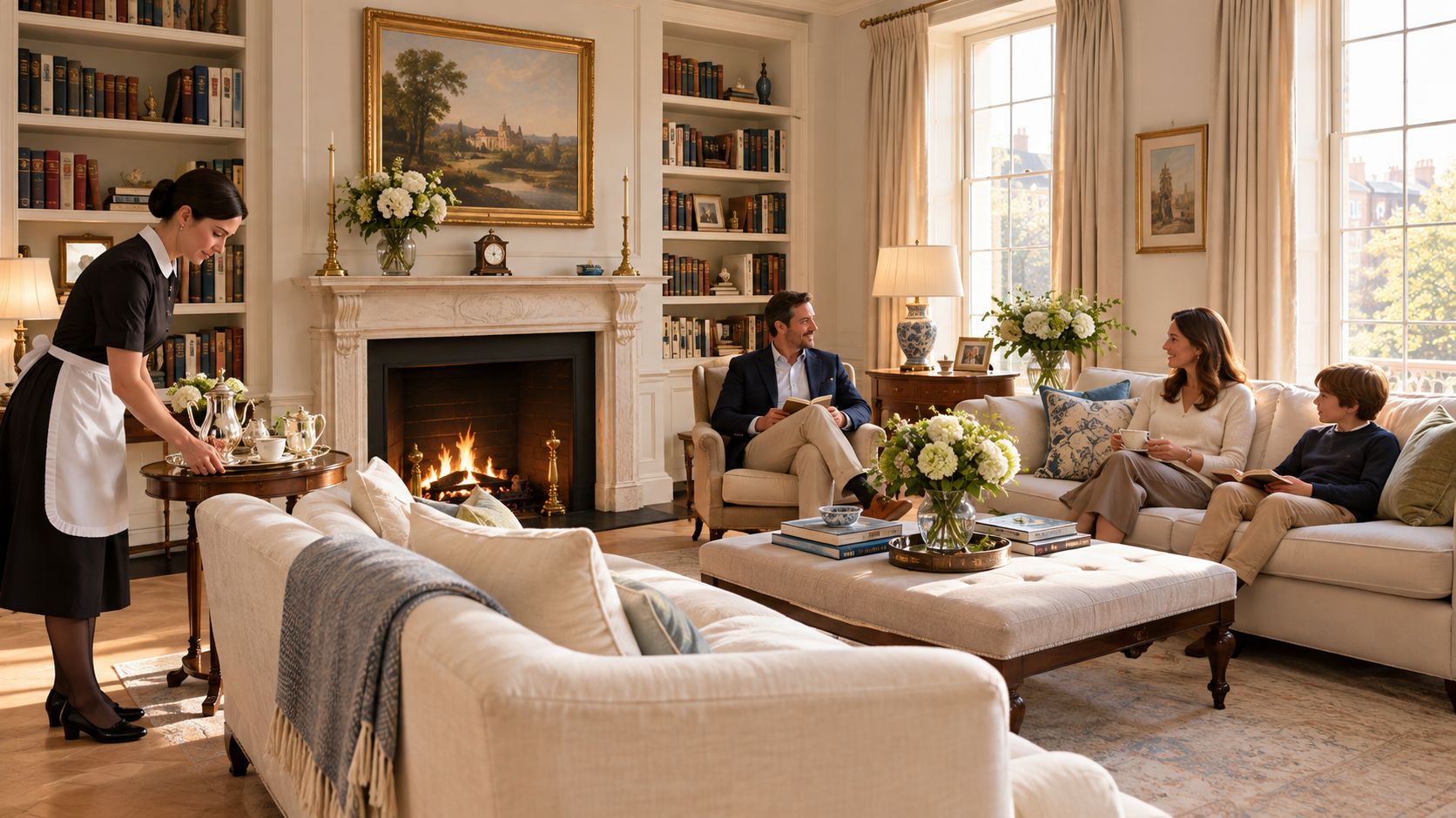 Live in Housekeeping | Superstar Nannies A housekeeper serves tea to a family relaxing in a luxurious, traditionally styled living room with a fireplace.