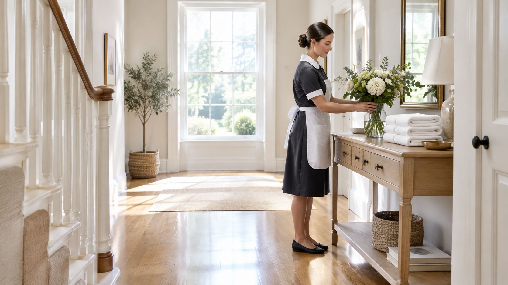 Live in Housekeeping | Superstar Nannies A professional maid in a black uniform arranging a bouquet of flowers in a brightly lit hallway.
