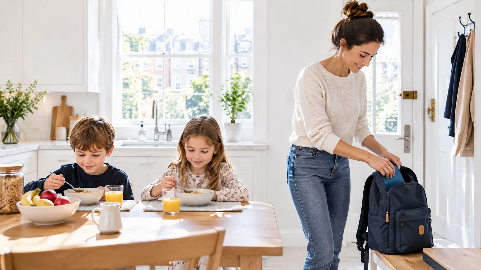 Luxury Live Out Nanny Jobs in Paris: The 2026 Guide | Superstar Nannies A caring mother packs a backpack for her children eating breakfast at the kitchen table.