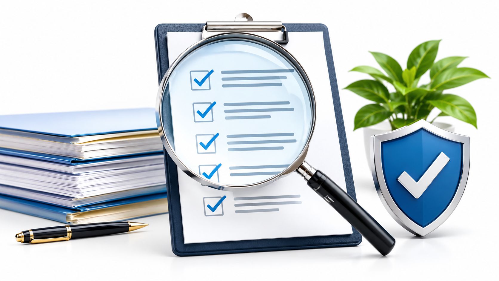 Private Staff Agencies: A Guide for Elite Families | Superstar Nannies A clipboard with a checklist under a magnifying glass, next to a protective shield icon and documents.