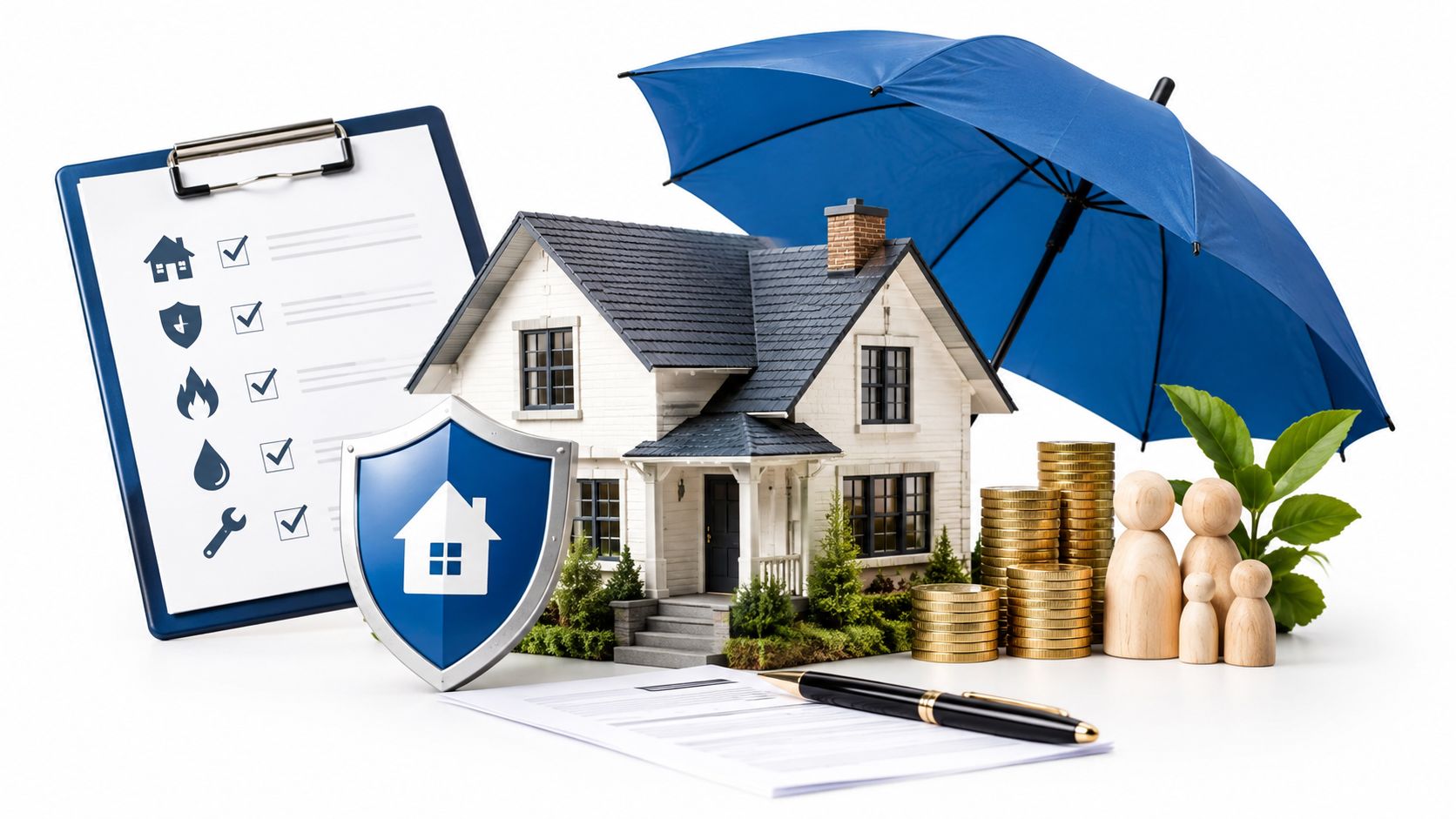 Private Staff Agencies: A Guide for Elite Families | Superstar Nannies A house model protected by an umbrella, shield, and insurance documents, representing family home and property protection.
